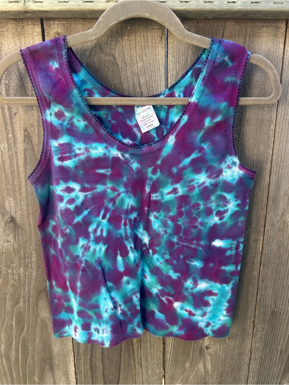 Vintage Tie Dye Tank Top Purple Turquoise Scoop Neck Cotton Large